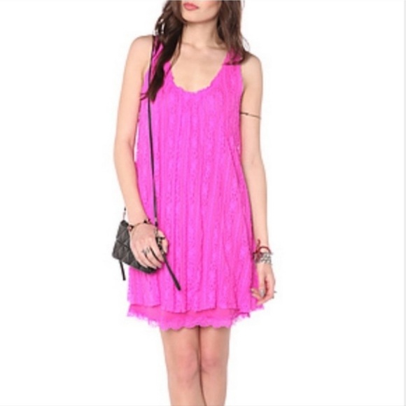 ✨Free People✨Wild Pink A-line Swing Dress V-neck Fuschia Stretch Lace Raw Hem XS - Picture 2 of 10